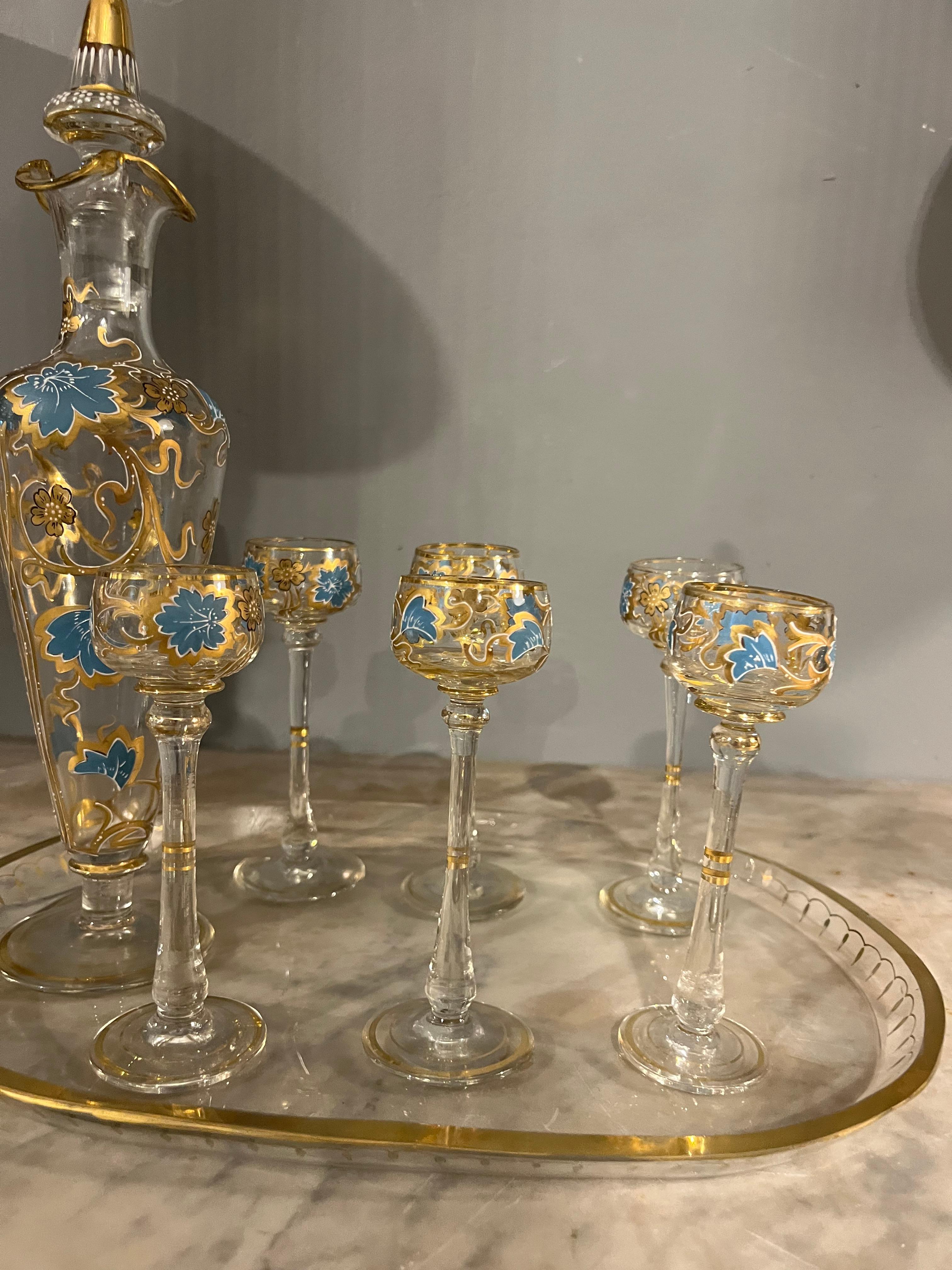 Mid-20th Century Murano glass glasses set painted with bottle from the 50s For Sale