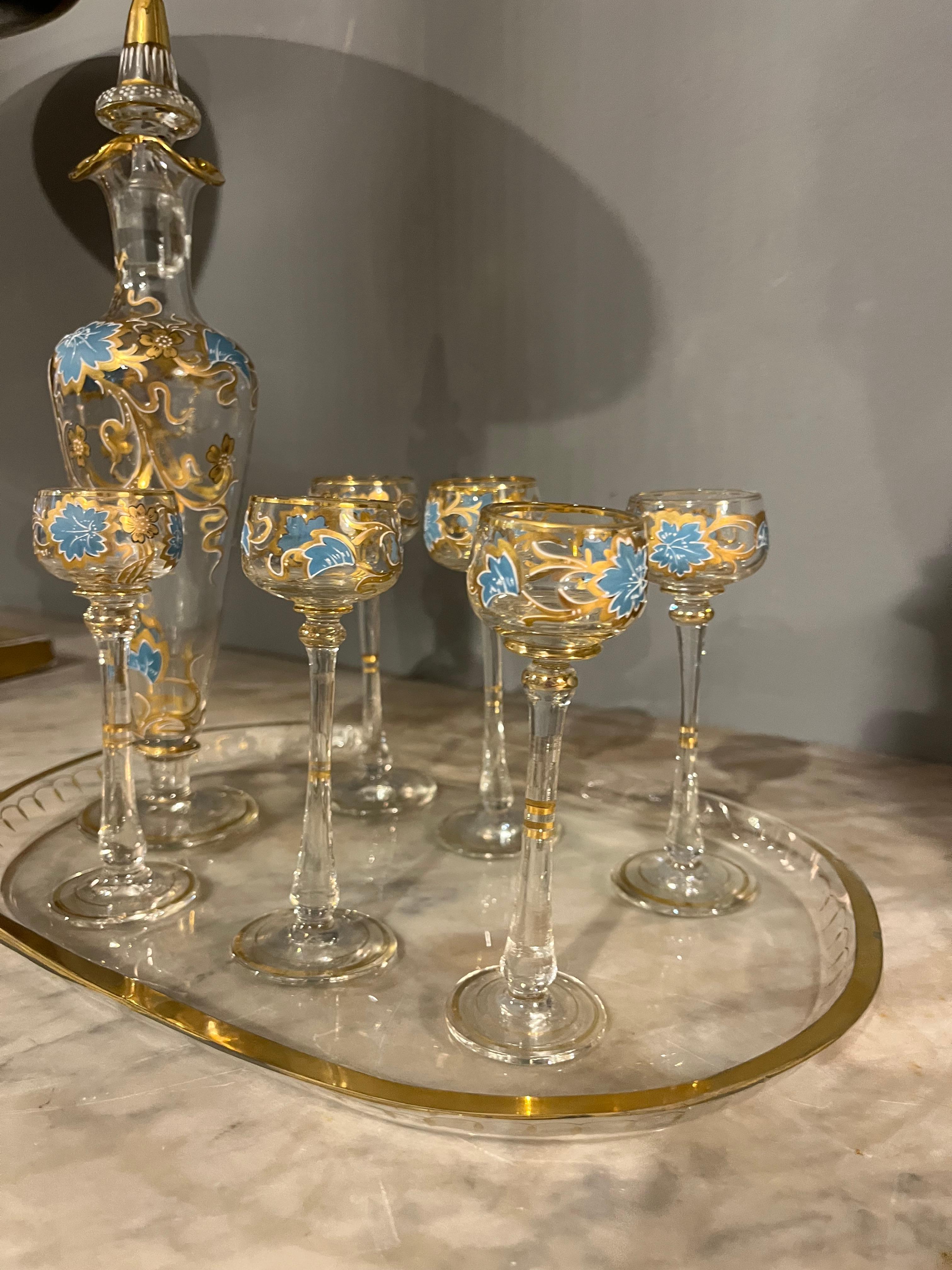 Murano Glass Murano glass glasses set painted with bottle from the 50s For Sale