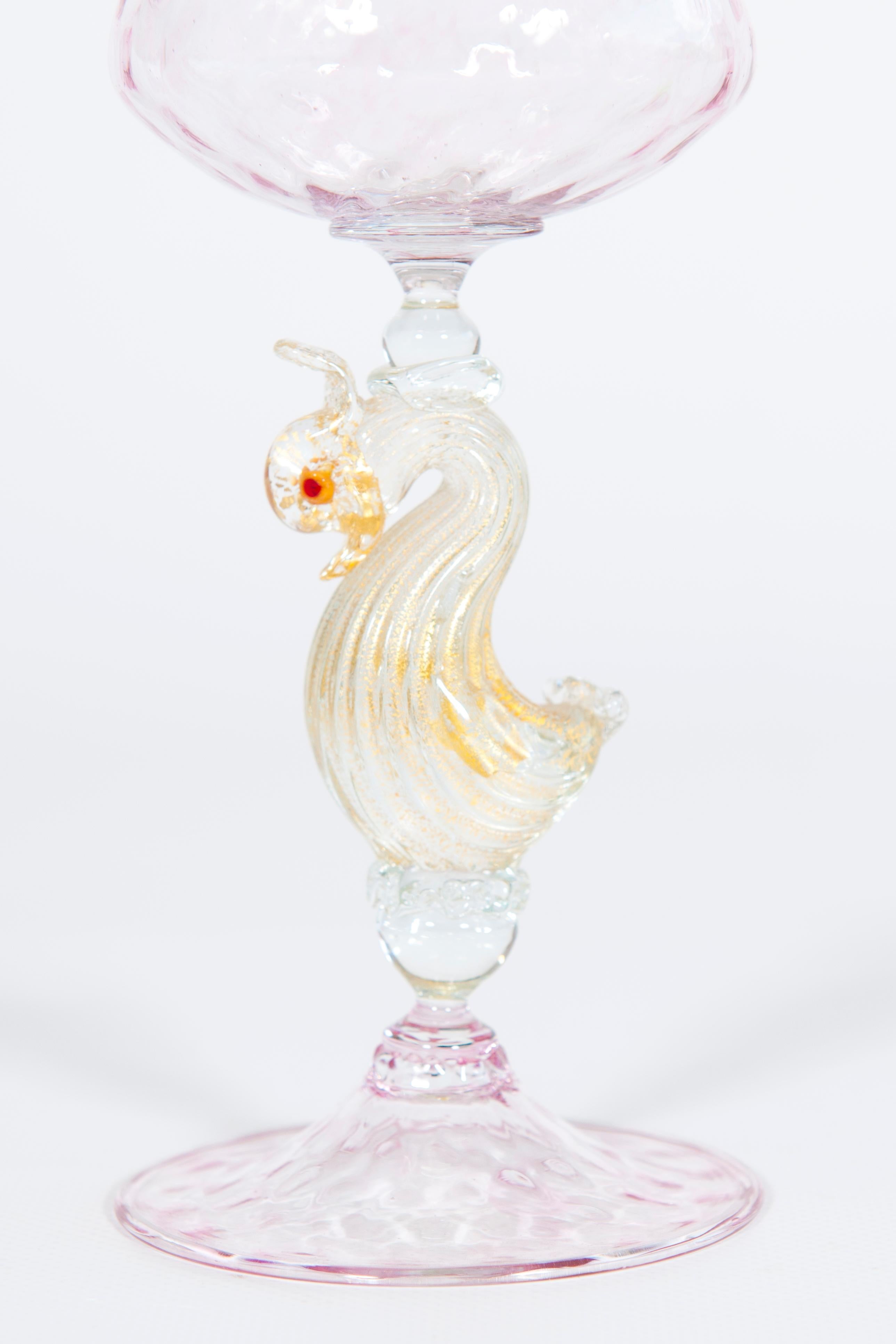 Murano glass goblet, pink and gold, made in 1980s For Sale 4