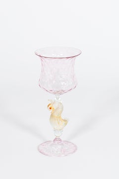 Murano glass goblet, pink and gold, made in 1980s