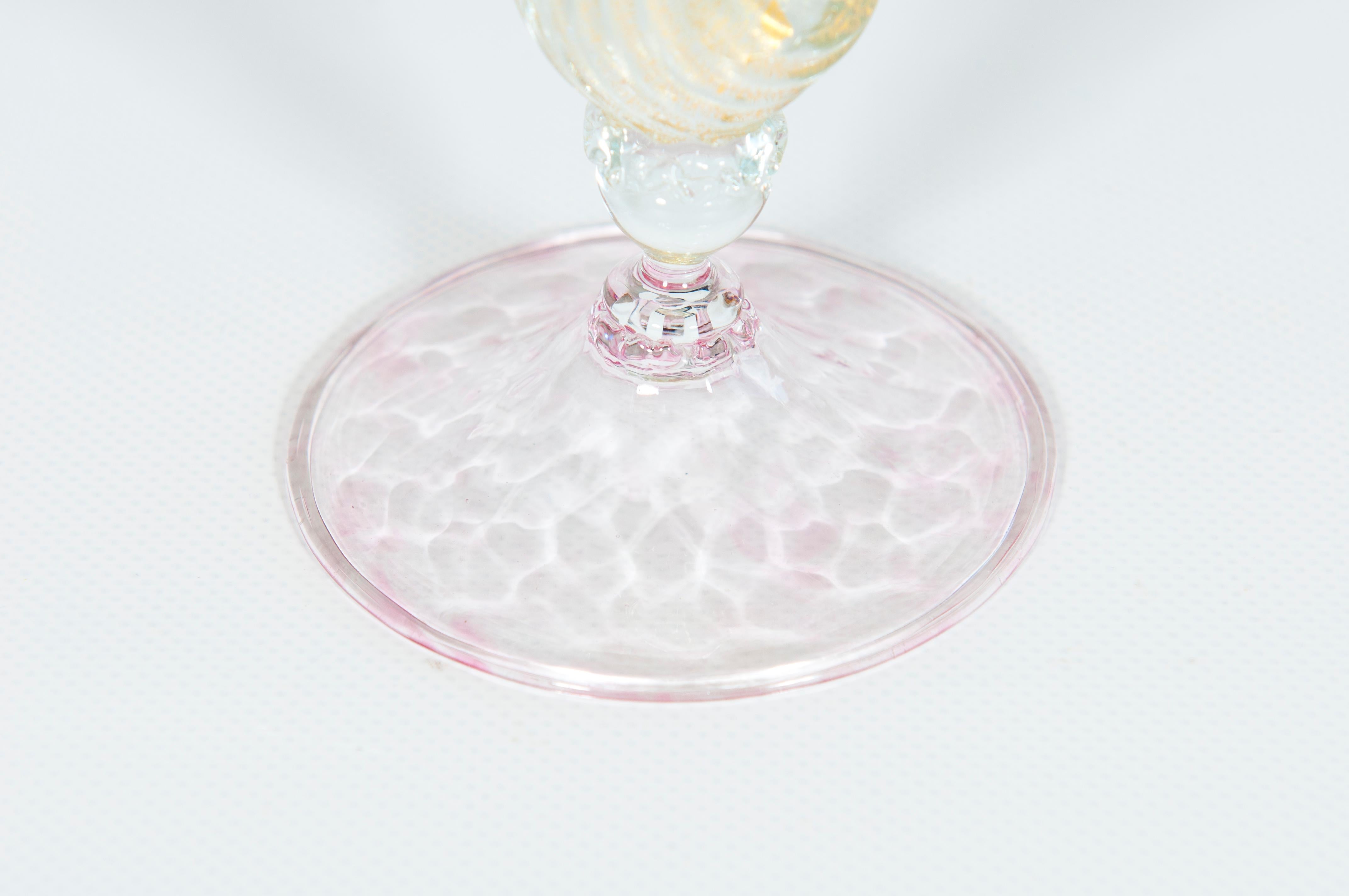 Italian Murano glass goblet, pink and gold, made in 1980s For Sale