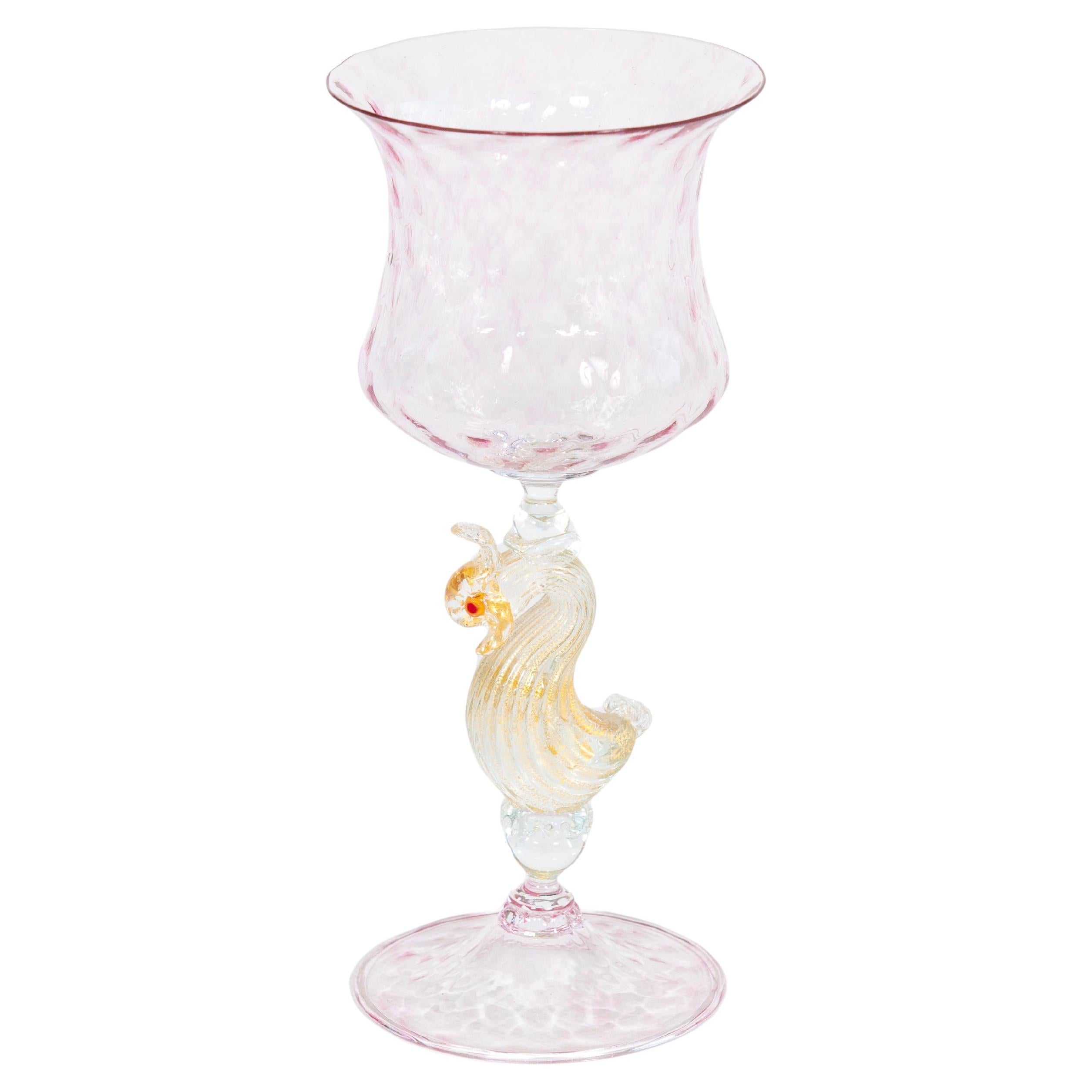 Murano glass goblet, pink and gold, made in 1980s For Sale