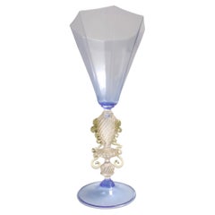 Used Murano Glass Goblet "Tipetto" Light Blue Octagonal Blown Glass, Italy