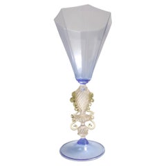 Murano Glass Goblet "Tipetto" Light Blue Octagonal Blown Glass, Italy