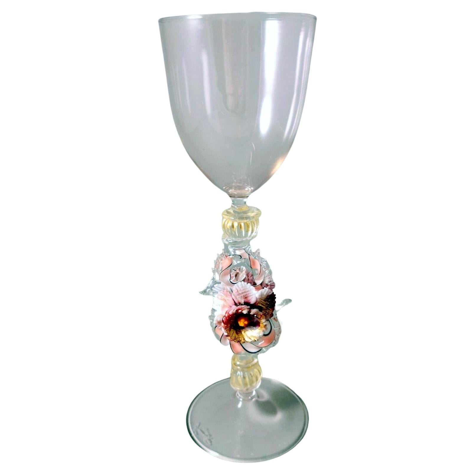 Murano Glass Goblet "Tipetto" Pink Blown Glass With Flower Decoration