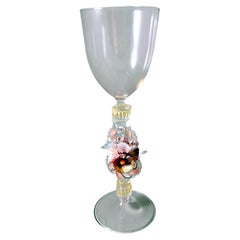 Used Murano Glass Goblet "Tipetto" Pink Blown Glass With Flower Decoration