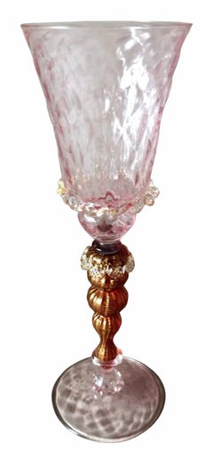Murano Glass Goblet "Tipetto" Pink Blown Glass With Gold Leaf Decoration