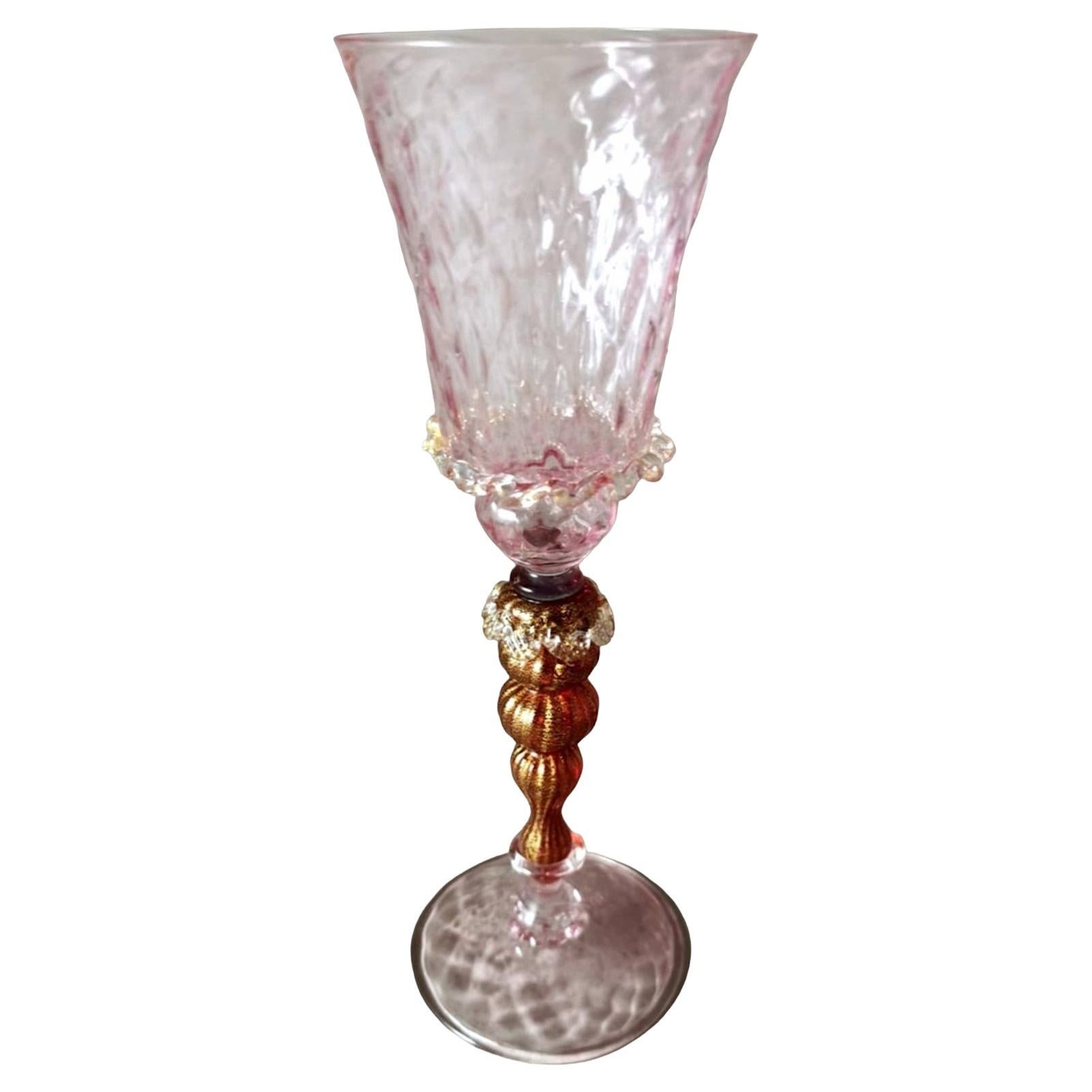 Murano Glass Goblet "Tipetto" Pink Blown Glass With Gold Leaf Decoration For Sale