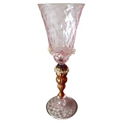 Murano Glass Goblet "Tipetto" Pink Blown Glass With Gold Leaf Decoration