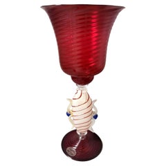 Used Murano Glass Goblet "Tipetto" Red Blown Glass With Gold Leaf Decoration