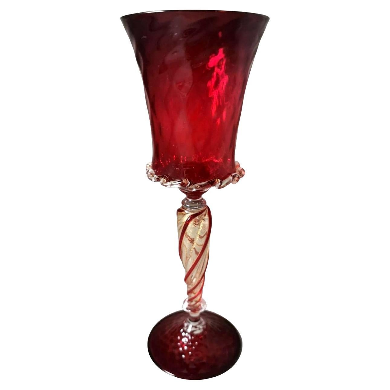 Murano Glass Goblet "Tipetto" Ruby Red Blown Glass With Gold Decoration For Sale