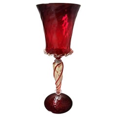 Used Murano Glass Goblet "Tipetto" Ruby Red Blown Glass With Gold Decoration