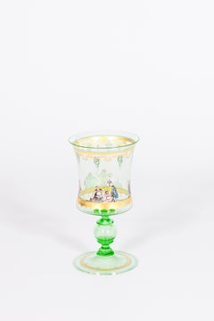 Murano Glass Goblet with Hand-Enameled Commedia dell'arte Scenes, 1970s