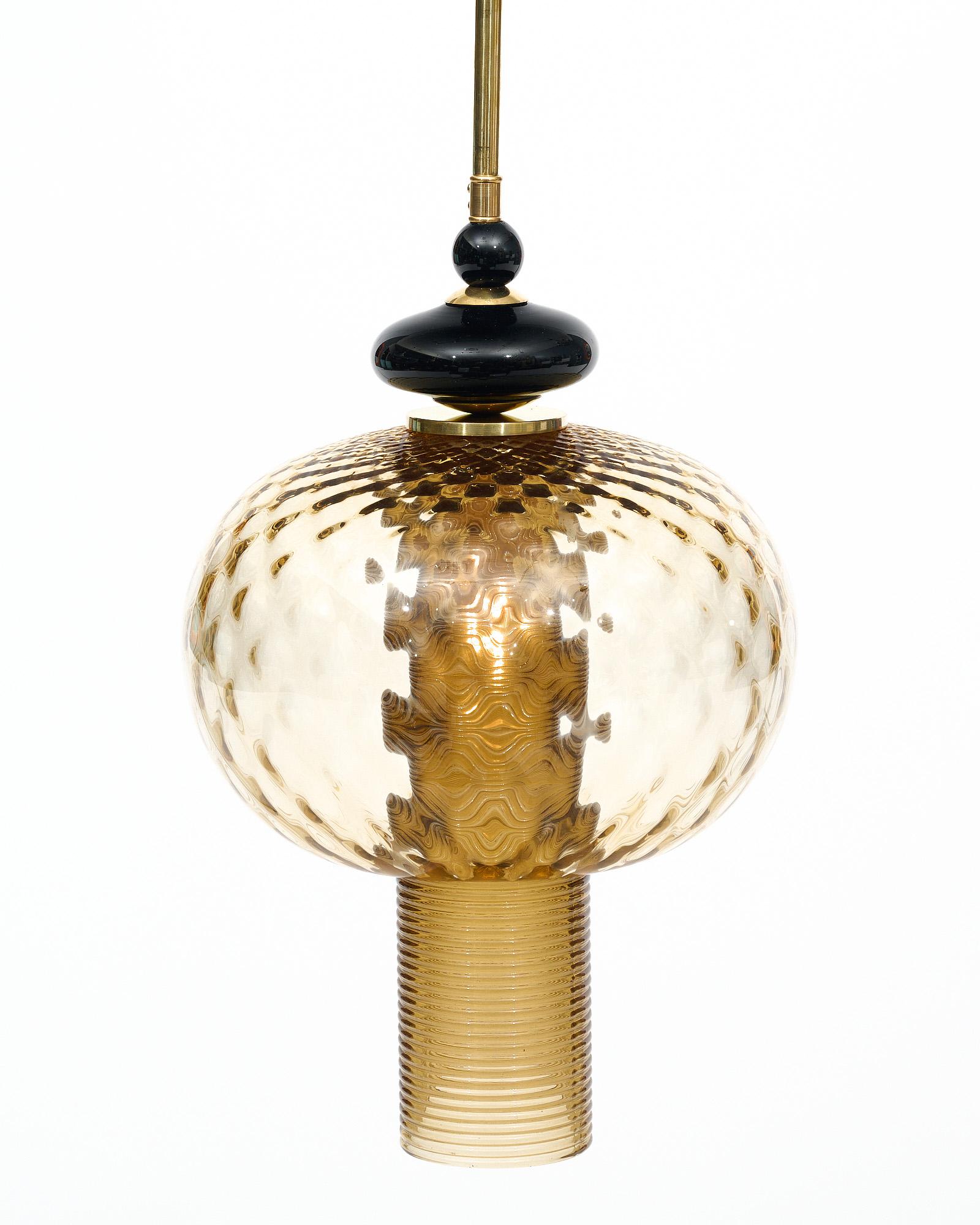 Brass Murano Glass Gold and Black Pendants For Sale