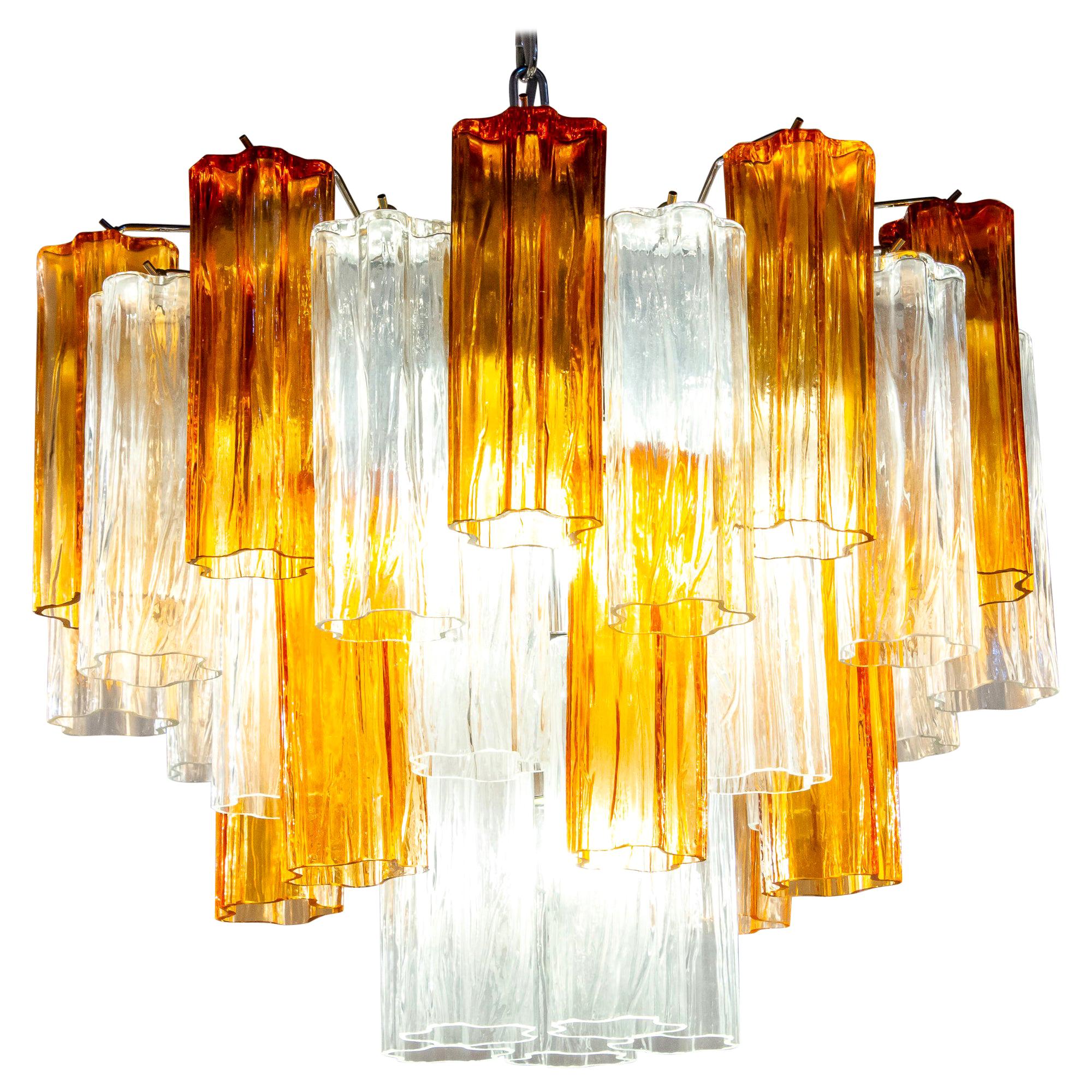 Murano Glass Gold and Ice Tronchi Chandelier by Venini, 1970s For Sale