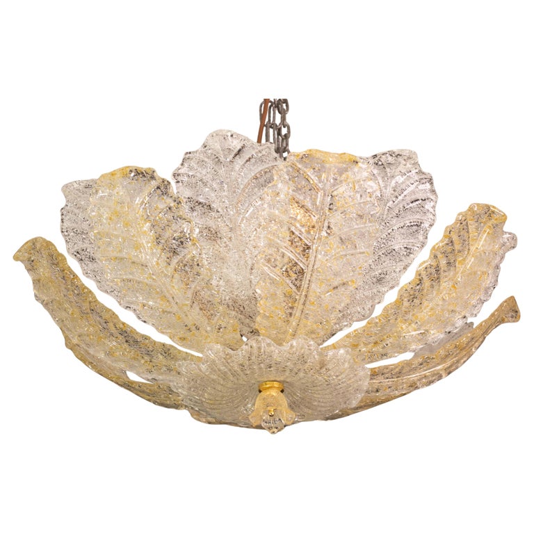 Lustre feuilles Murano Mazzega, verre givré doré, italie 1970
