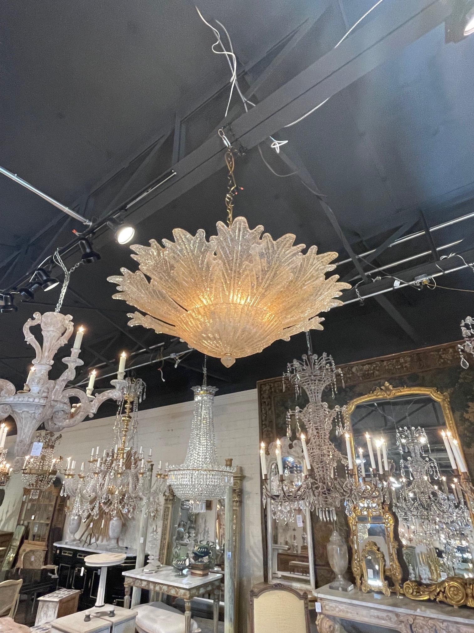 Modern Murano glass gold flecked leaf form ceiling mount fixture. A lovely piece with beautiful shimmering textured glass. Creates a stylish look!