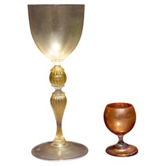 Murano Glass Gold Infused Wine Goblet and Cordial Glass Attributed to Salvati