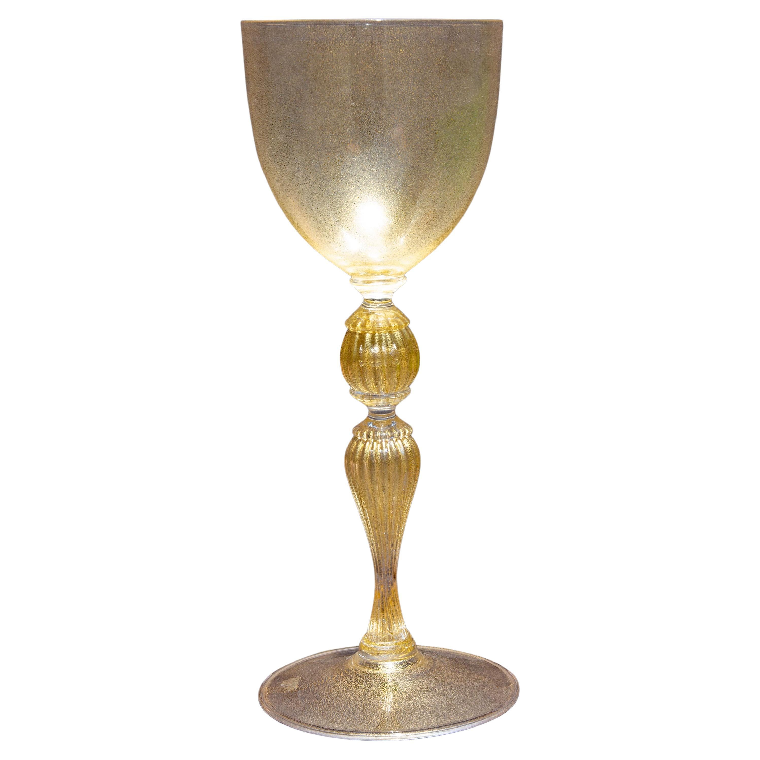 Murano Glass Gold Infused Wine Goblet and Cordial Glass Attributed to Salvati In Good Condition For Sale In Rochester, NY