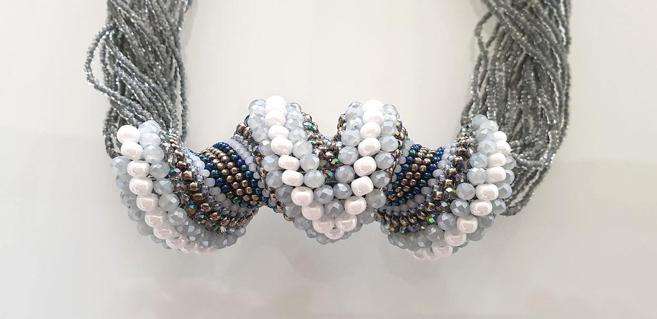 Women's Murano Glass Gray/ White Beads Hand Made Fashion Necklace by Artist Paola B.