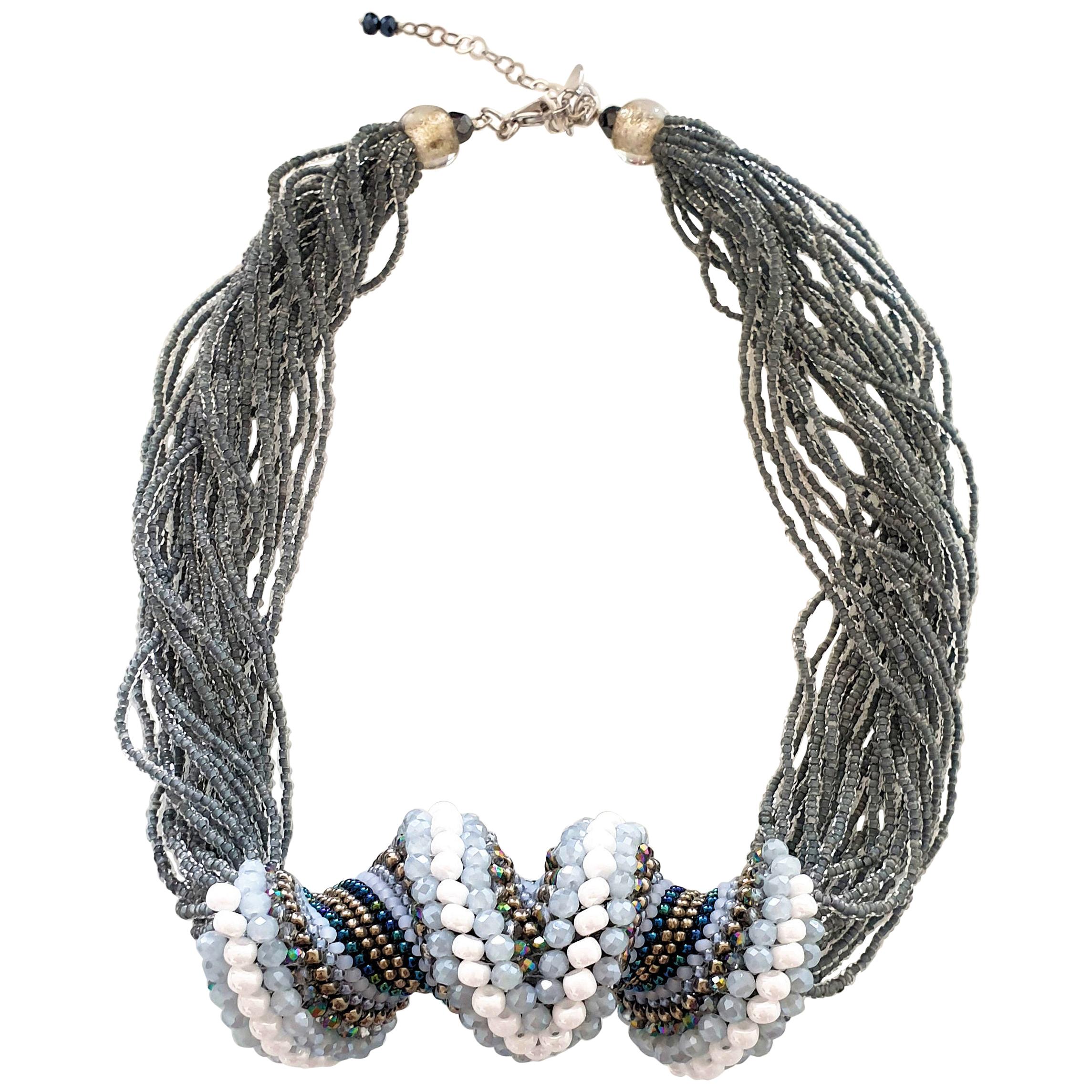 Murano Glass Gray/ White Beads Hand Made Fashion Necklace by Artist Paola B.