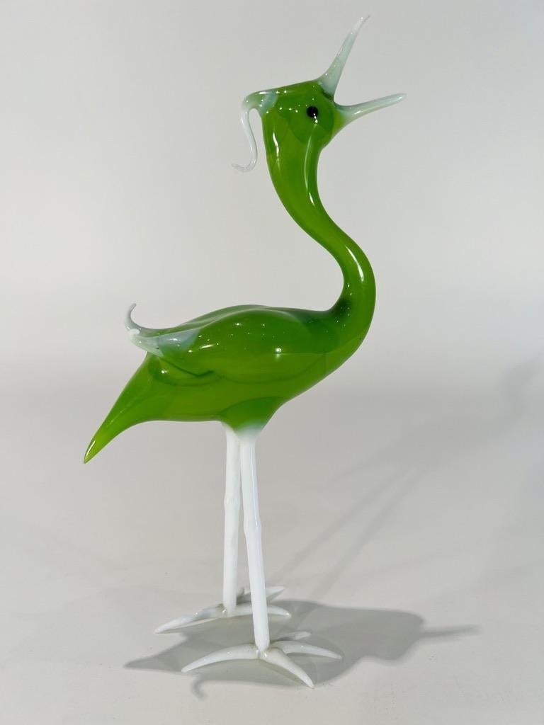Incredible Murano glass bird circa 1950 green and white.