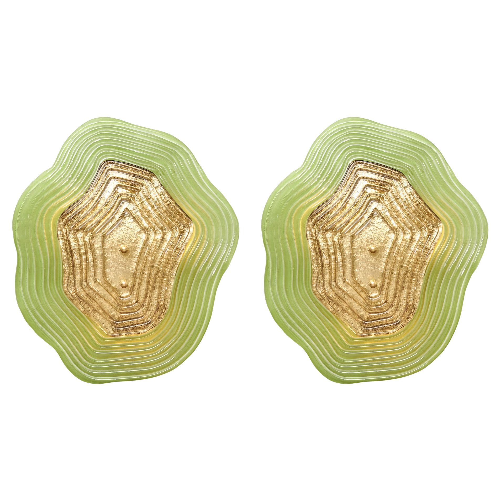 Murano Glass Green and Gold “Macchie” Sconces