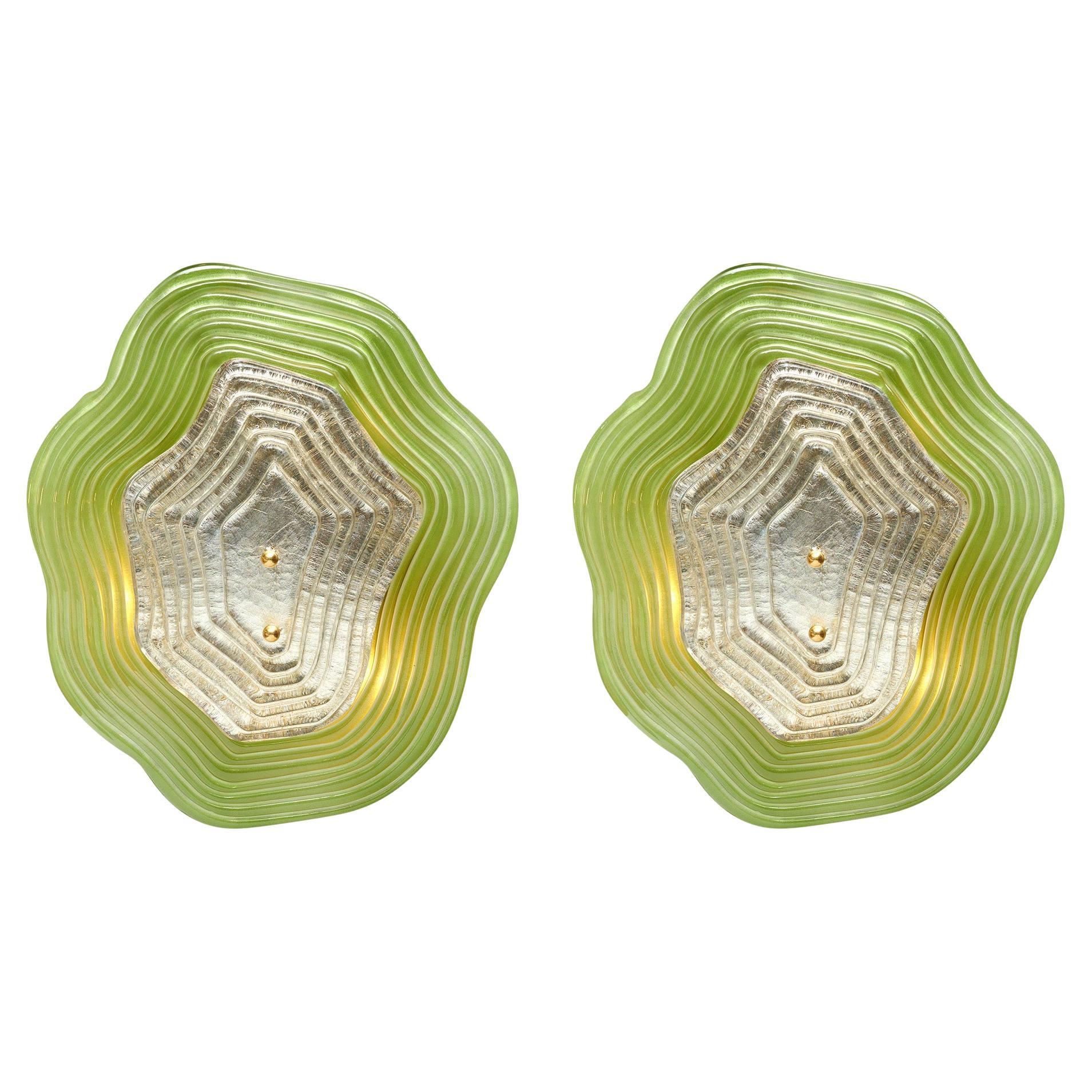 Murano Glass Wall Sconces, Green & Silver Leaf, Modern Brass Frame