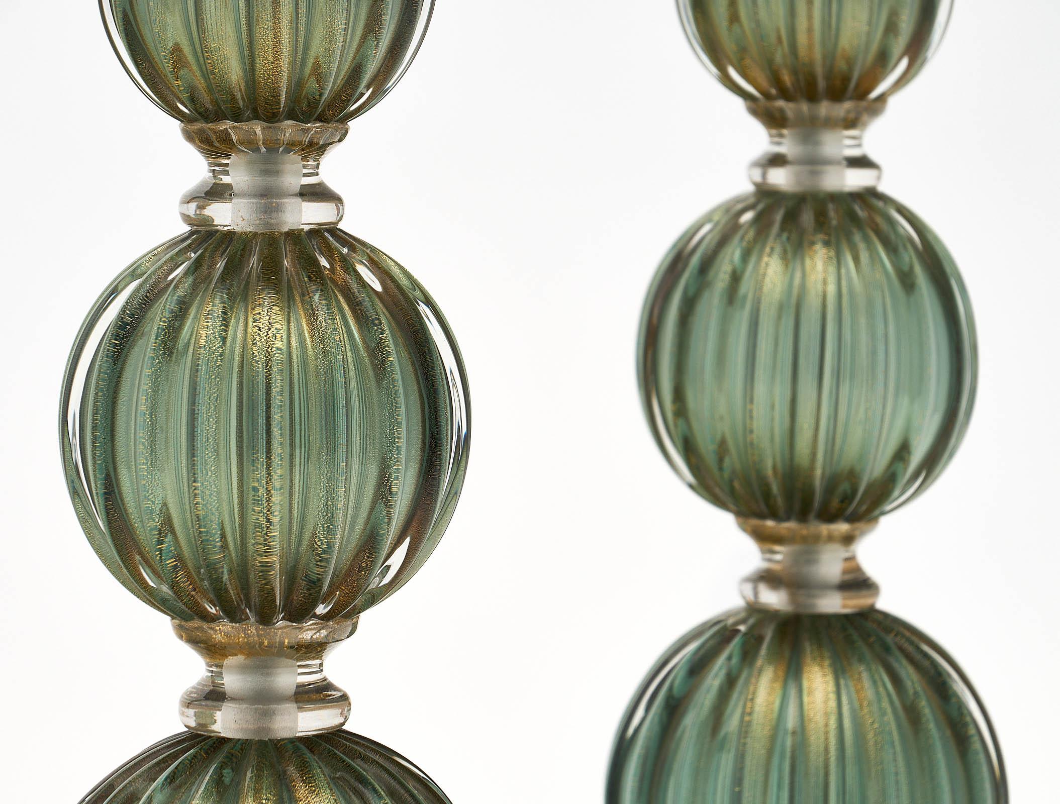 Murano Glass Green Avventurina Lamps In Excellent Condition In Austin, TX