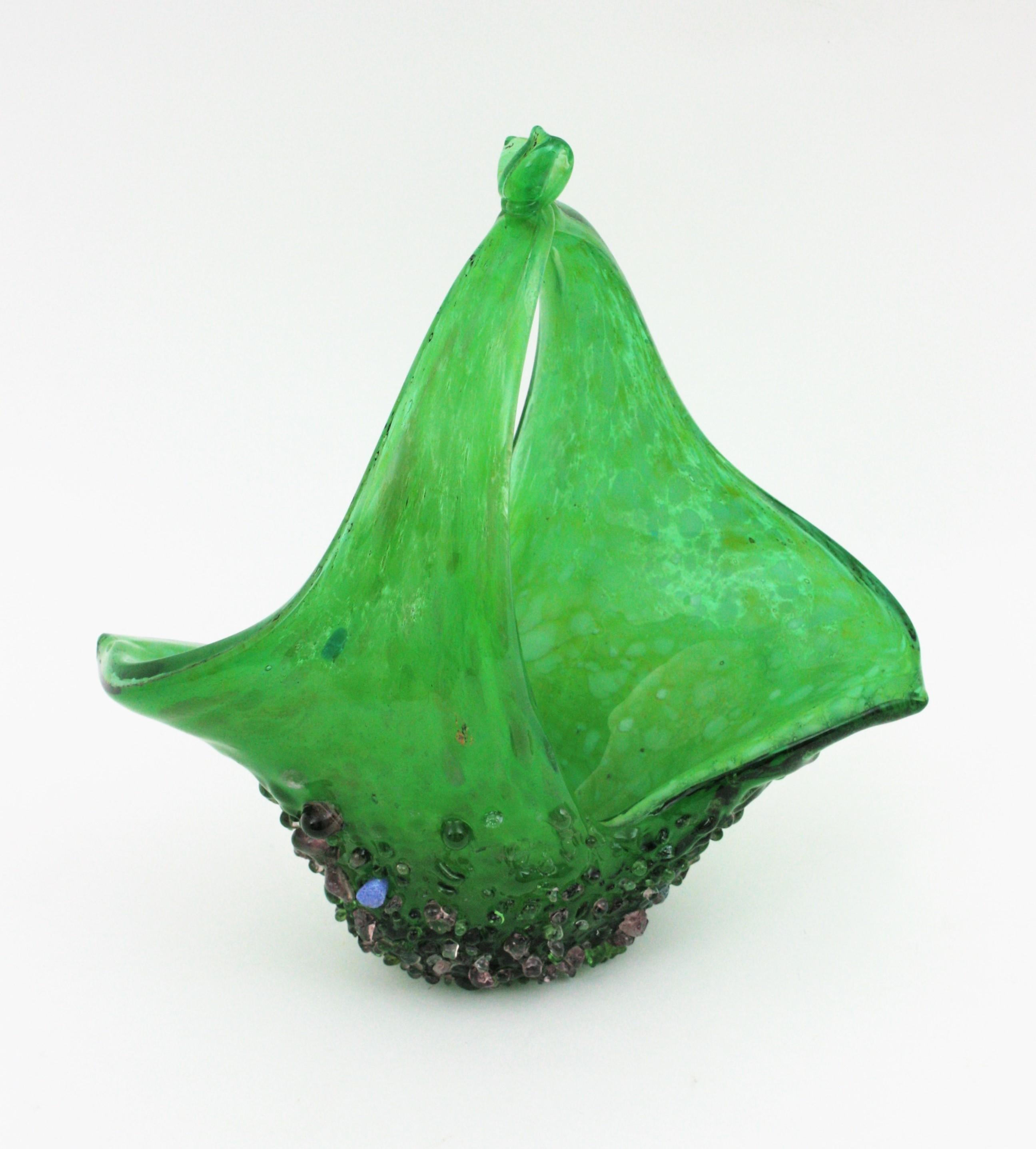 Murano Glass Green Basket Centerpiece Vase with Applied Drops For Sale 3