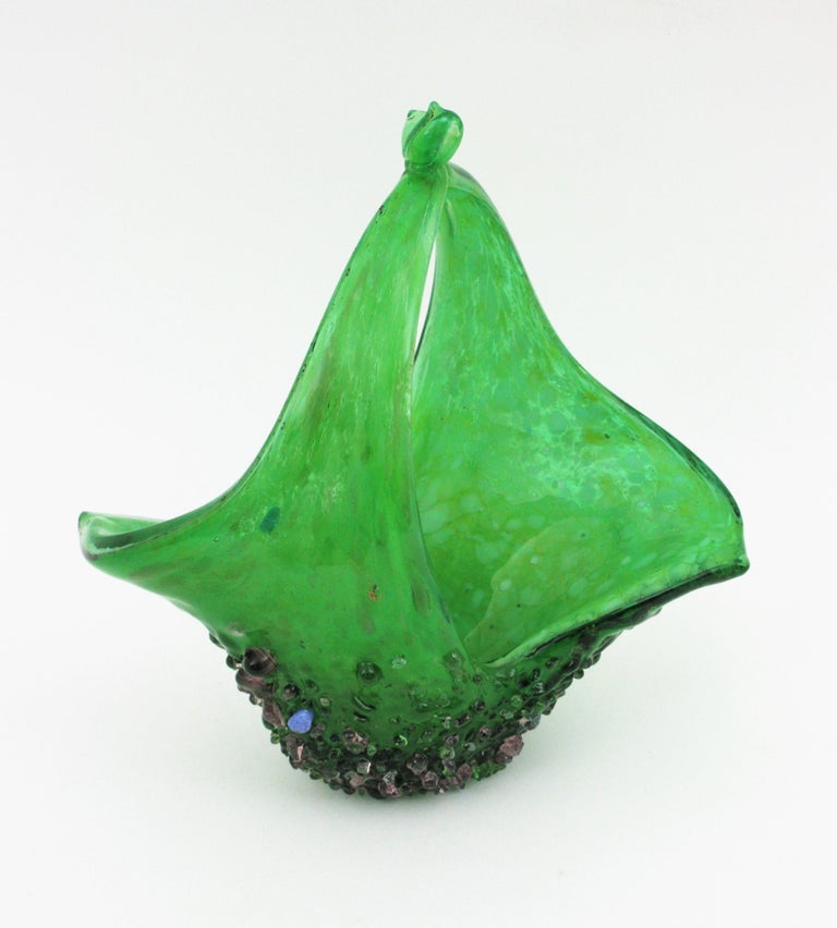 Murano Glass Green Basket Centerpiece Vase with Applied Drops For Sale 3