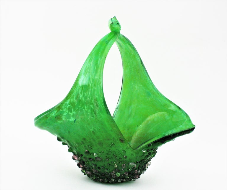 Murano Glass Green Basket Centerpiece Vase with Applied Drops For Sale 4