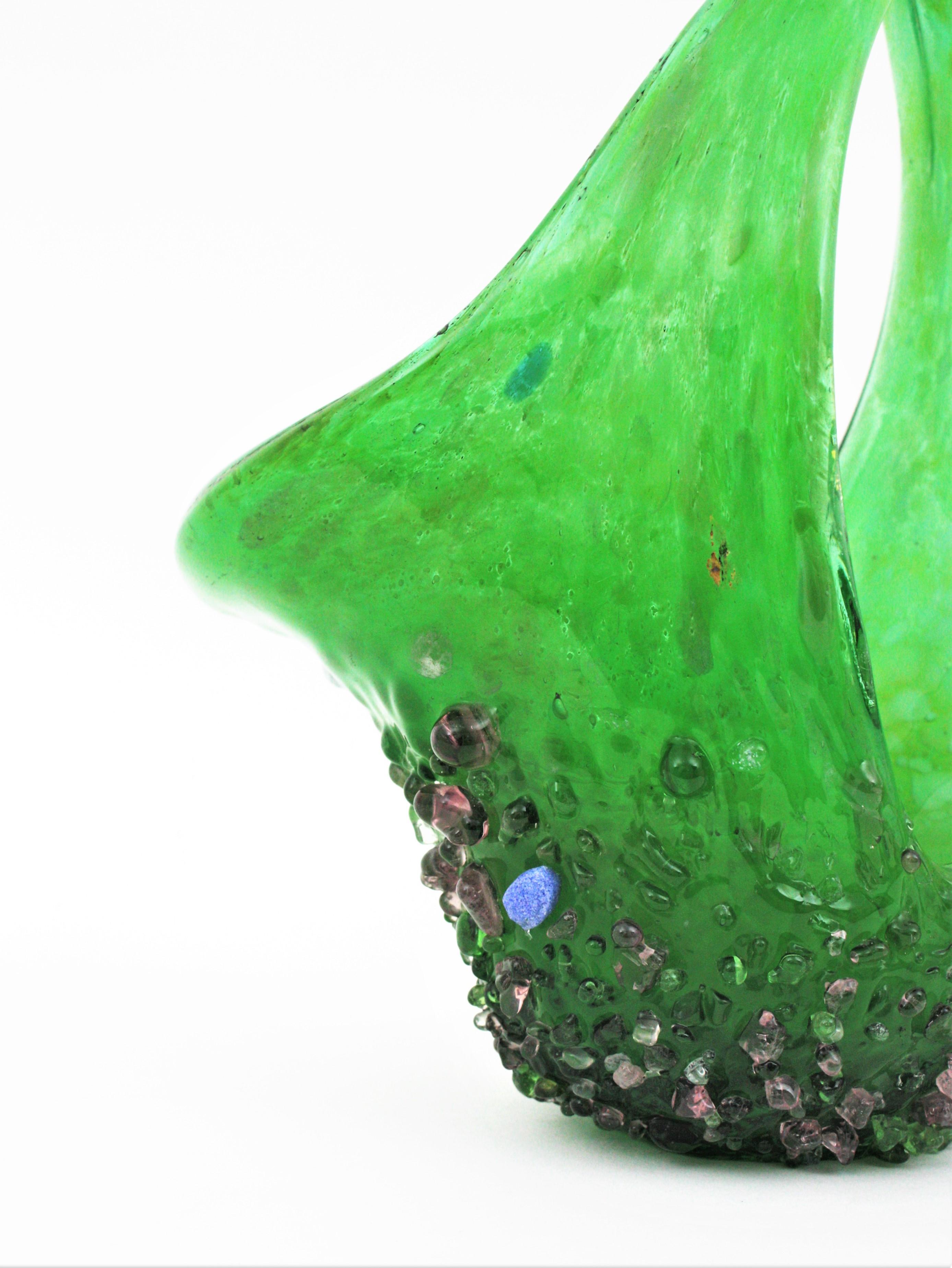 Murano Glass Green Basket Centerpiece Vase with Applied Drops For Sale 6