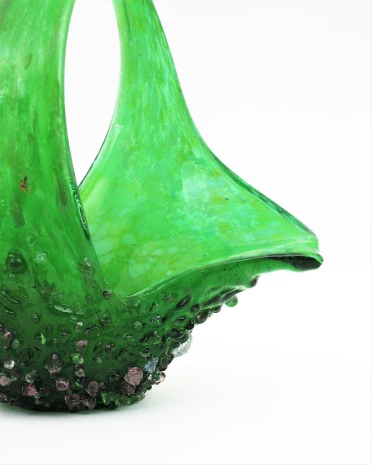 Murano Glass Green Basket Centerpiece Vase with Applied Drops For Sale 7