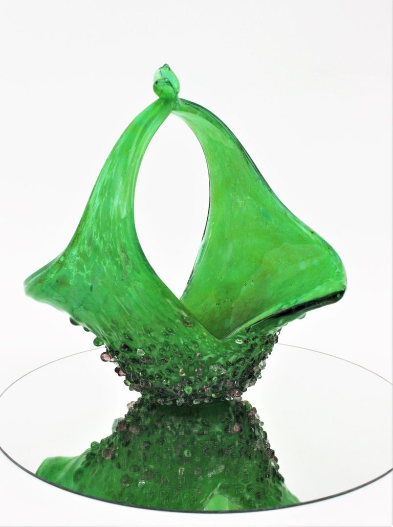 Mid-Century Modern Murano Glass Green Basket Centerpiece Vase with Applied Drops For Sale