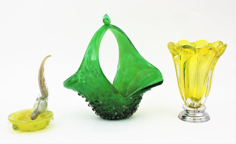 Hand-Crafted Murano Glass Green Basket Centerpiece Vase with Applied Drops For Sale
