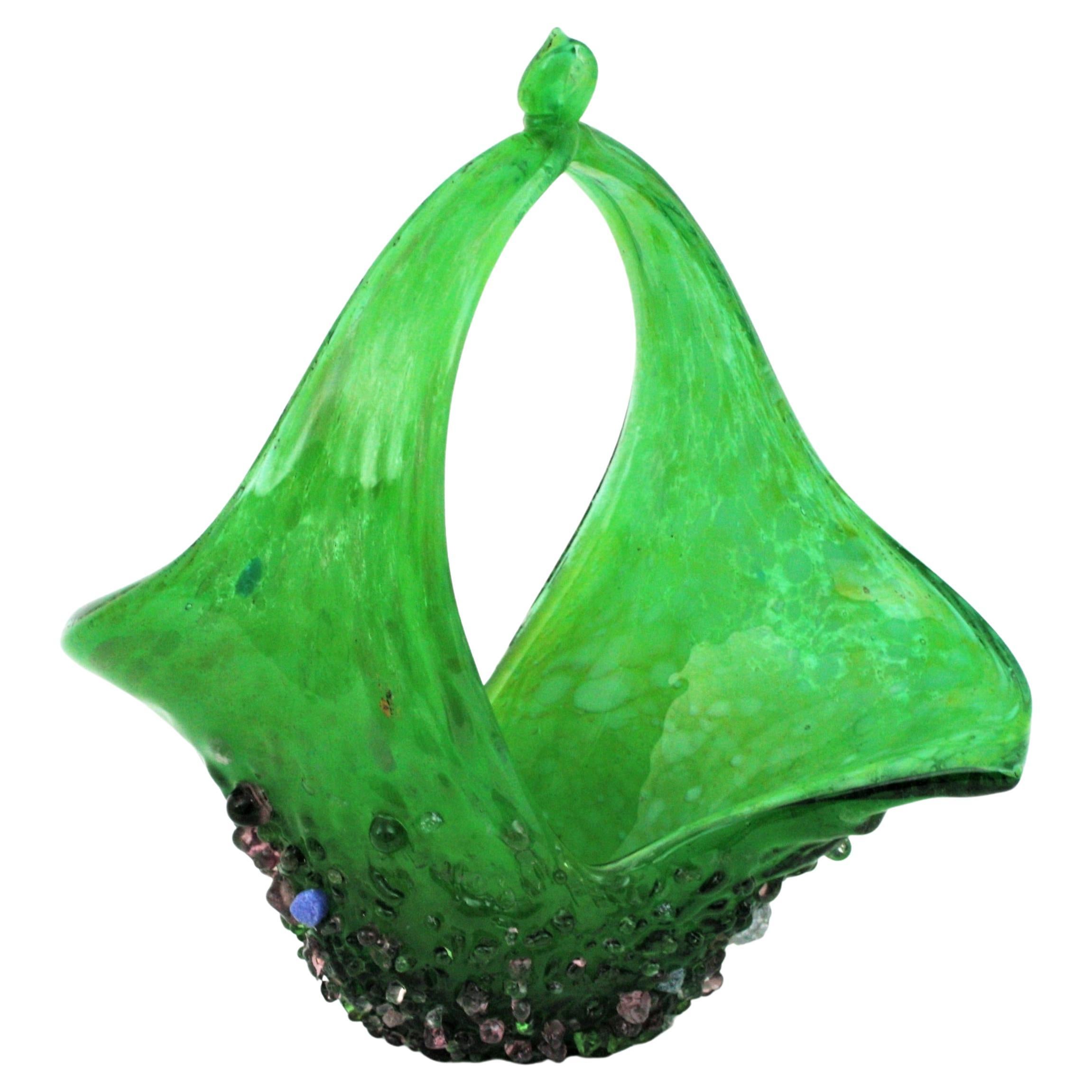 20th Century Murano Glass Green Basket Centerpiece Vase with Applied Drops For Sale