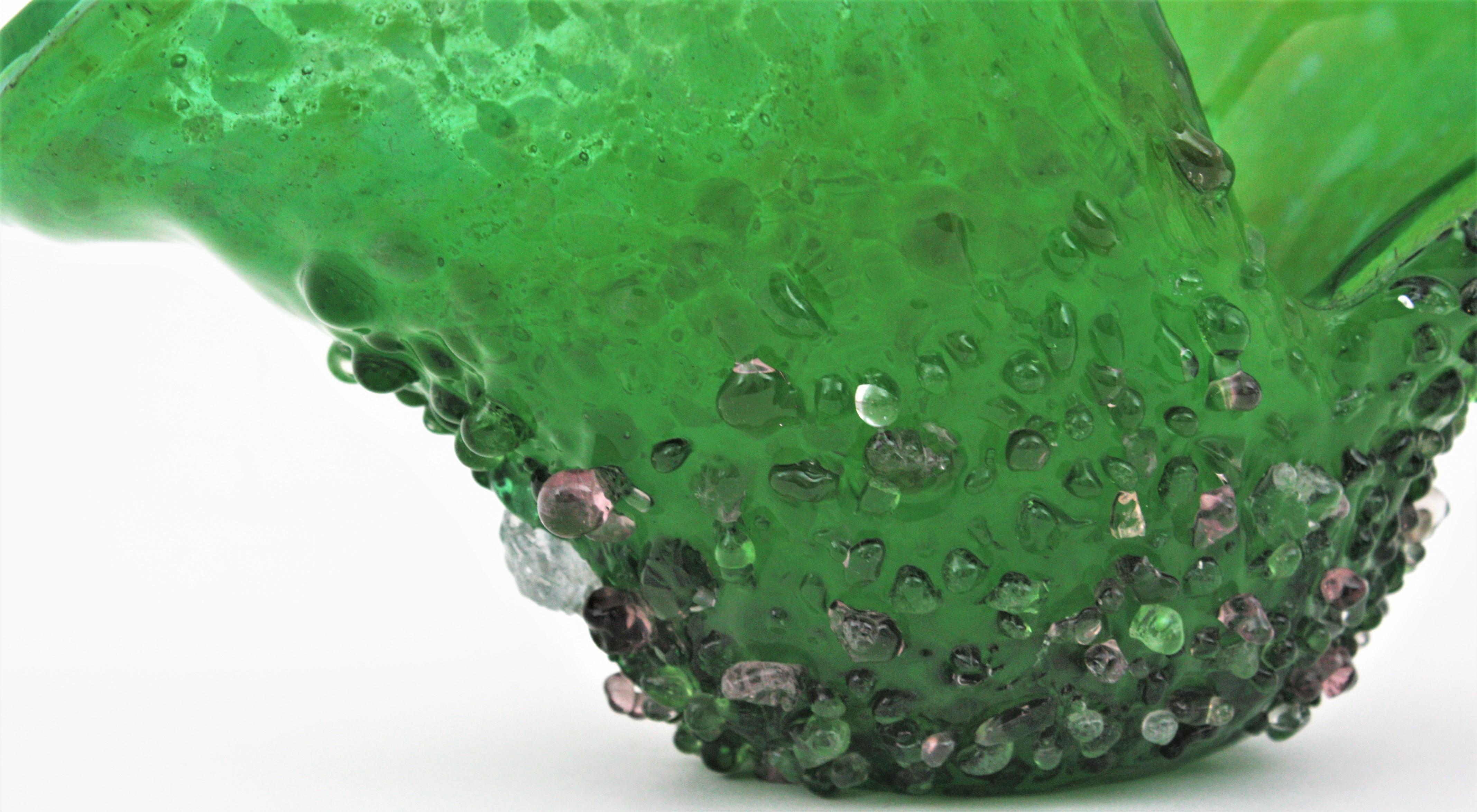 Murano Glass Green Basket Centerpiece Vase with Applied Drops For Sale 1