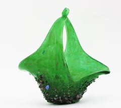 Murano Glass Green Basket Centerpiece Vase with Applied Drops