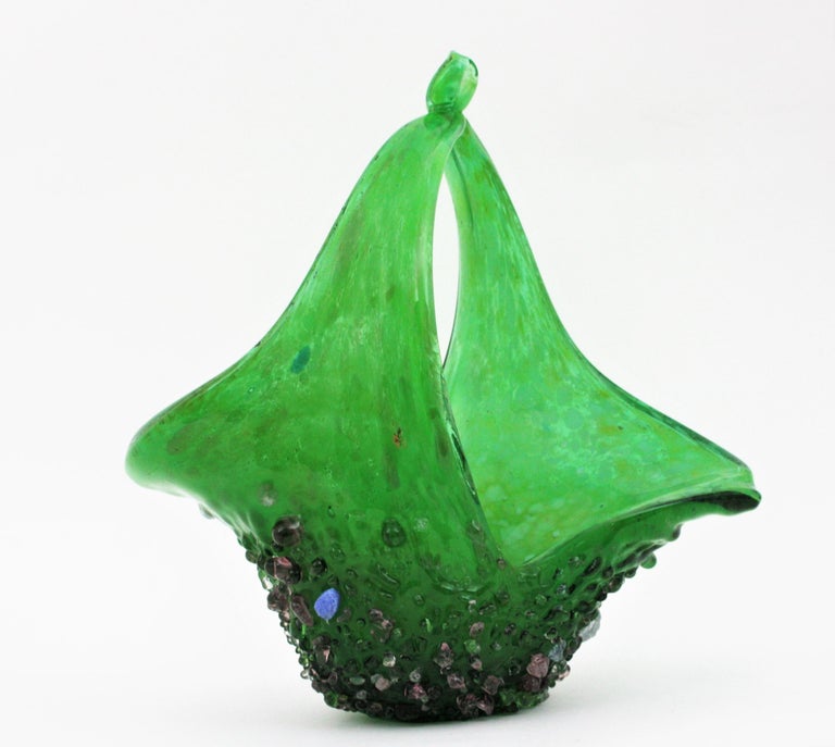 Murano Glass Green Basket Centerpiece Vase with Applied Drops For Sale 1
