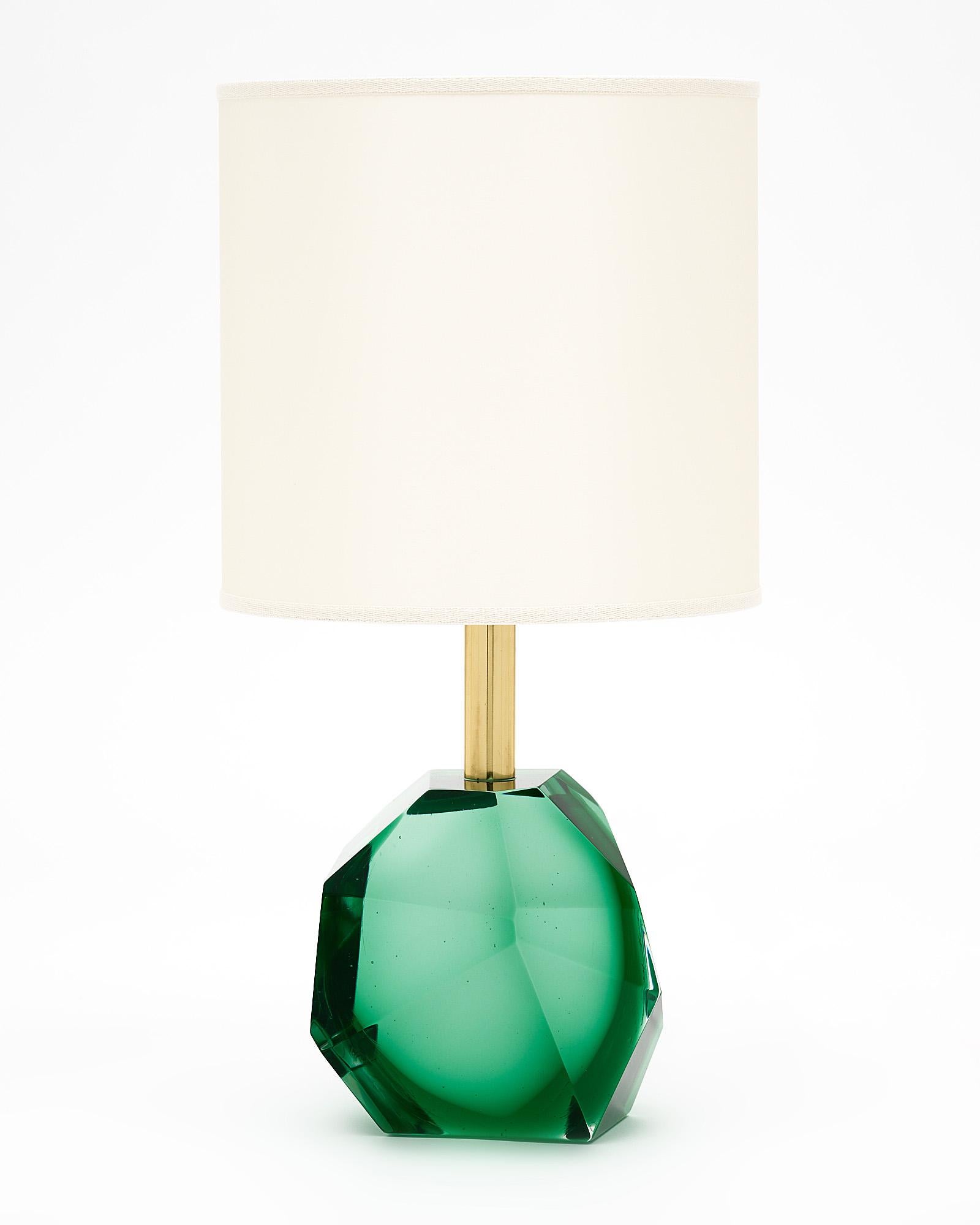 Murano glass green rock lamps signed by Alberto Dona. We love the modernity of the lamps; the abstract form, and the high decorative impact of this dynamic pair. They have been newly wired to fit US standards.