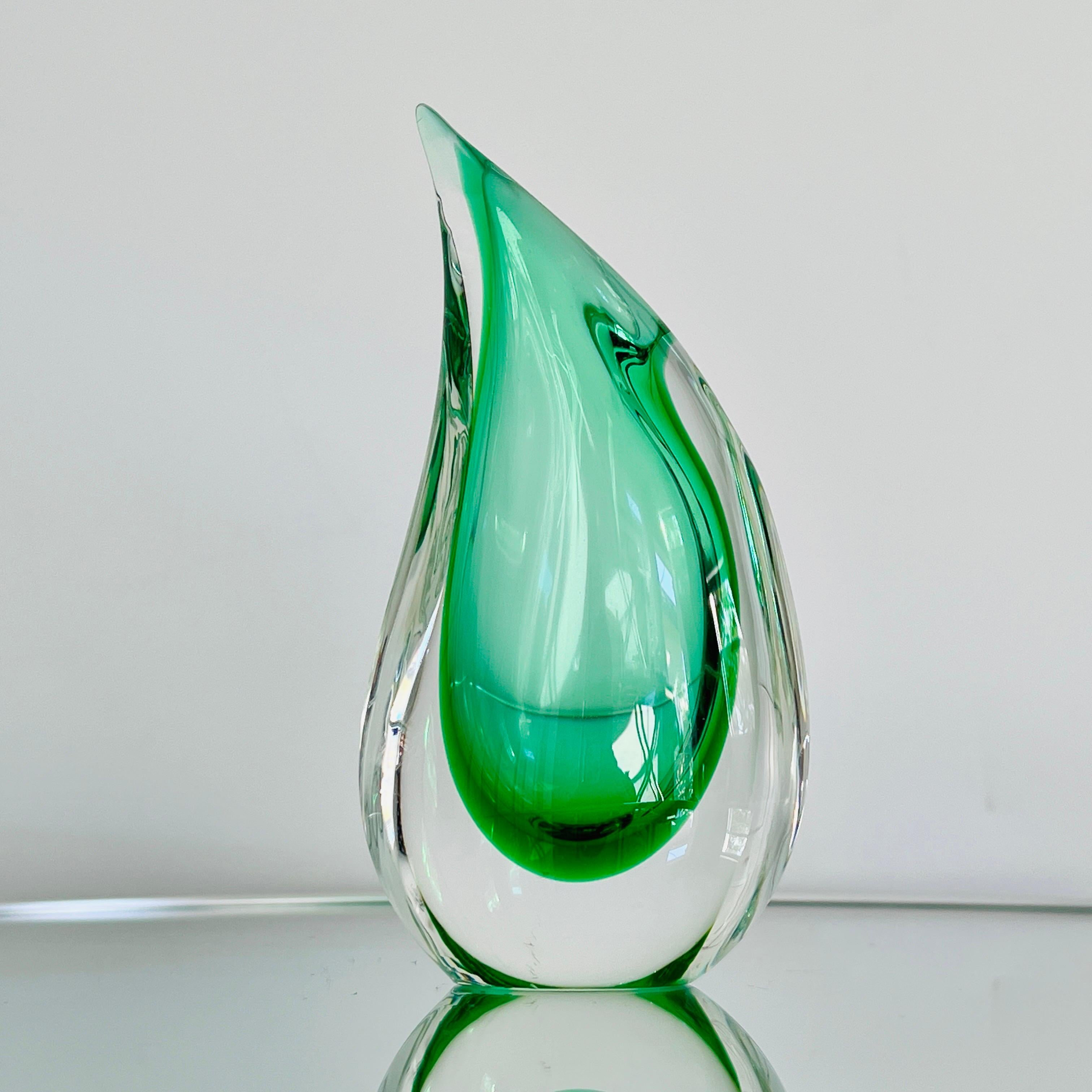 Hand-Crafted Murano Glass Green Sommerso Teardrop Vase by Luigi Onesto, 1970's 