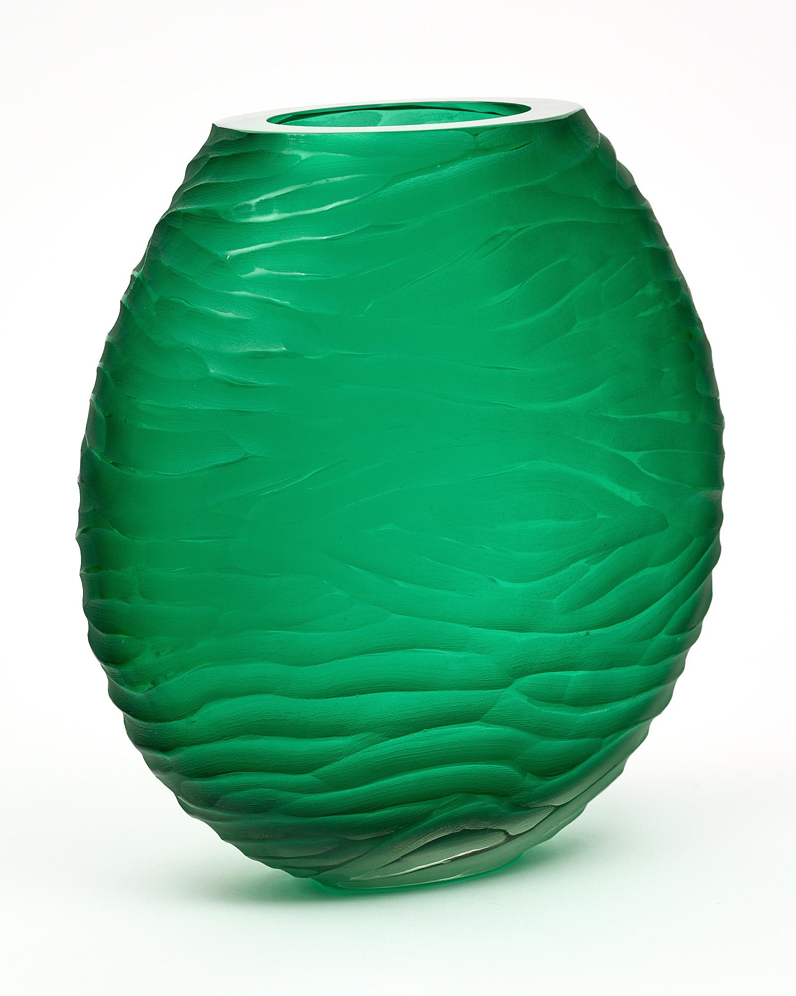 Contemporary Murano Glass Green Textured Vase For Sale