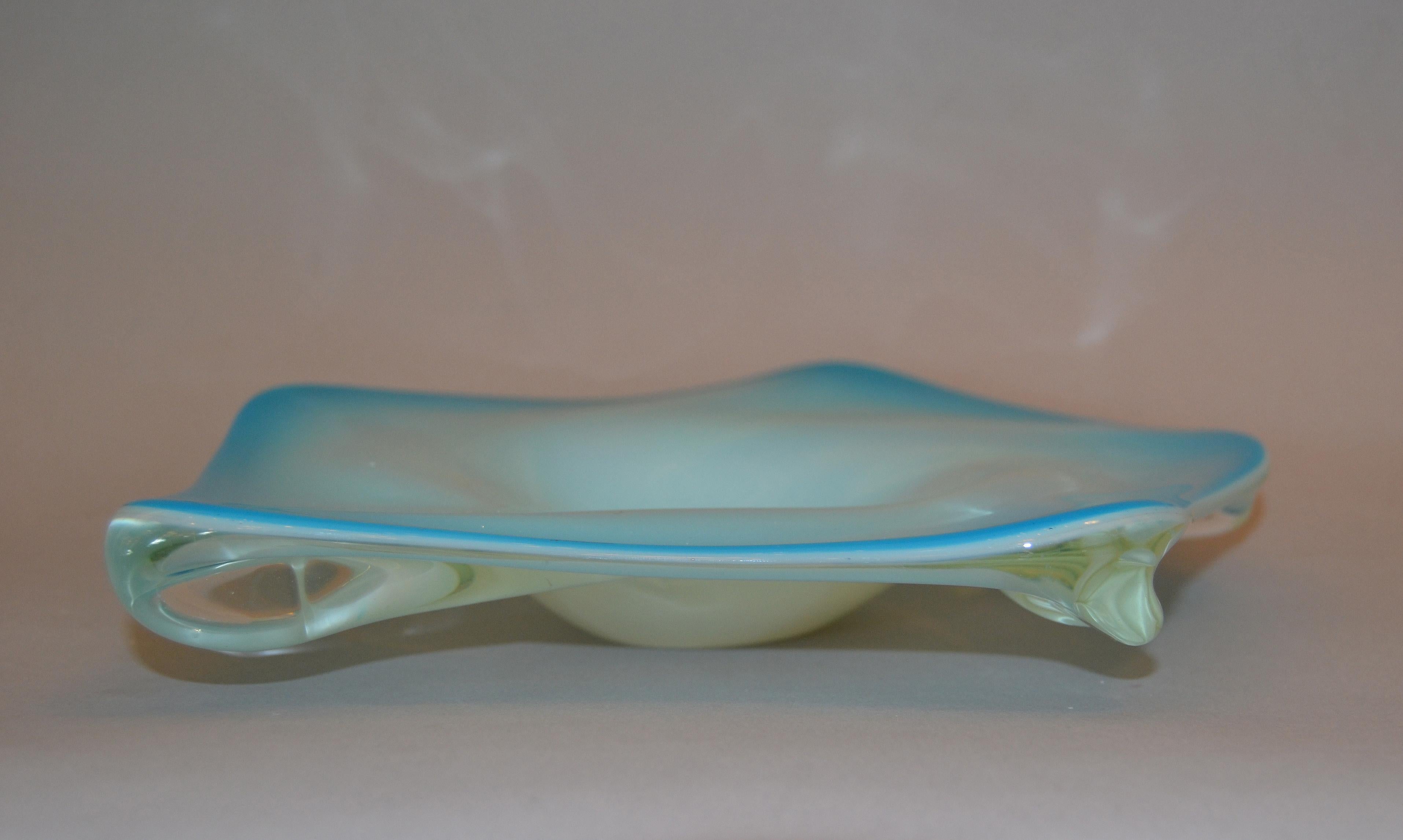 Italian Murano Glass Hand Blown Blue White and Clear Bowl Catchall Italy For Sale