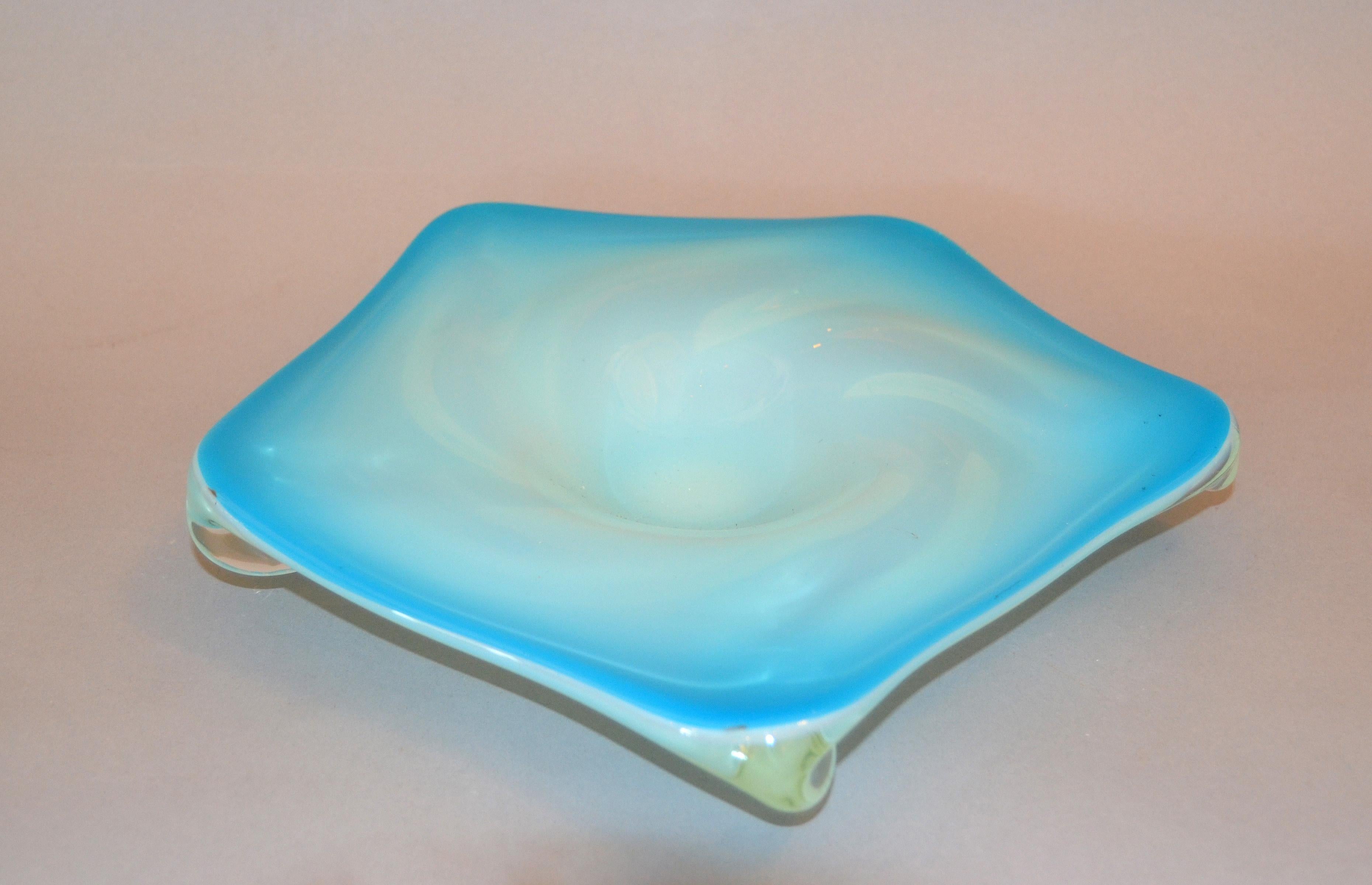 Hand-Crafted Murano Glass Hand Blown Blue White and Clear Bowl Catchall Italy For Sale