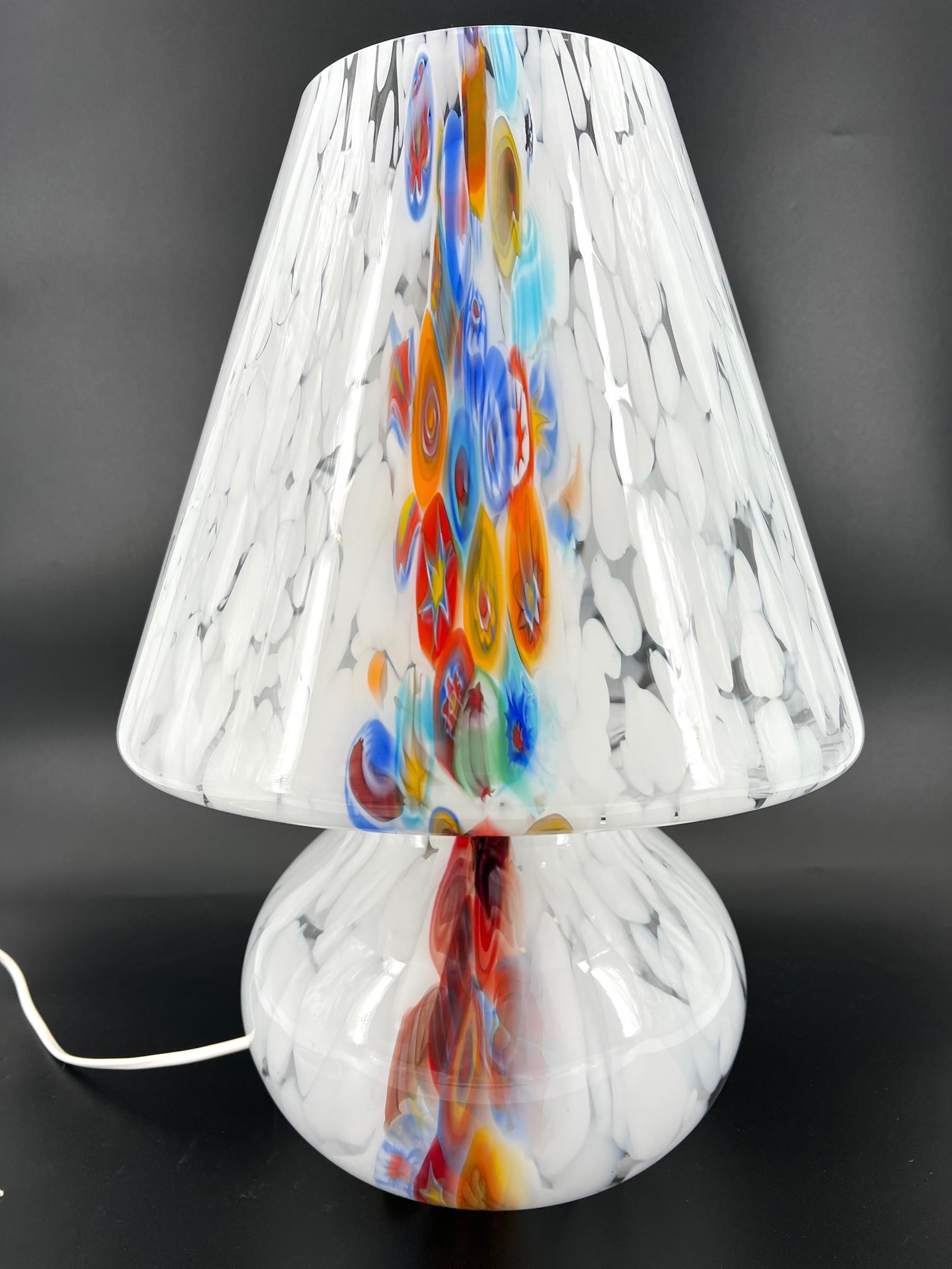 Italian Murano Glass Hand Blown White Color Murrine Band Table Lamp For Sale