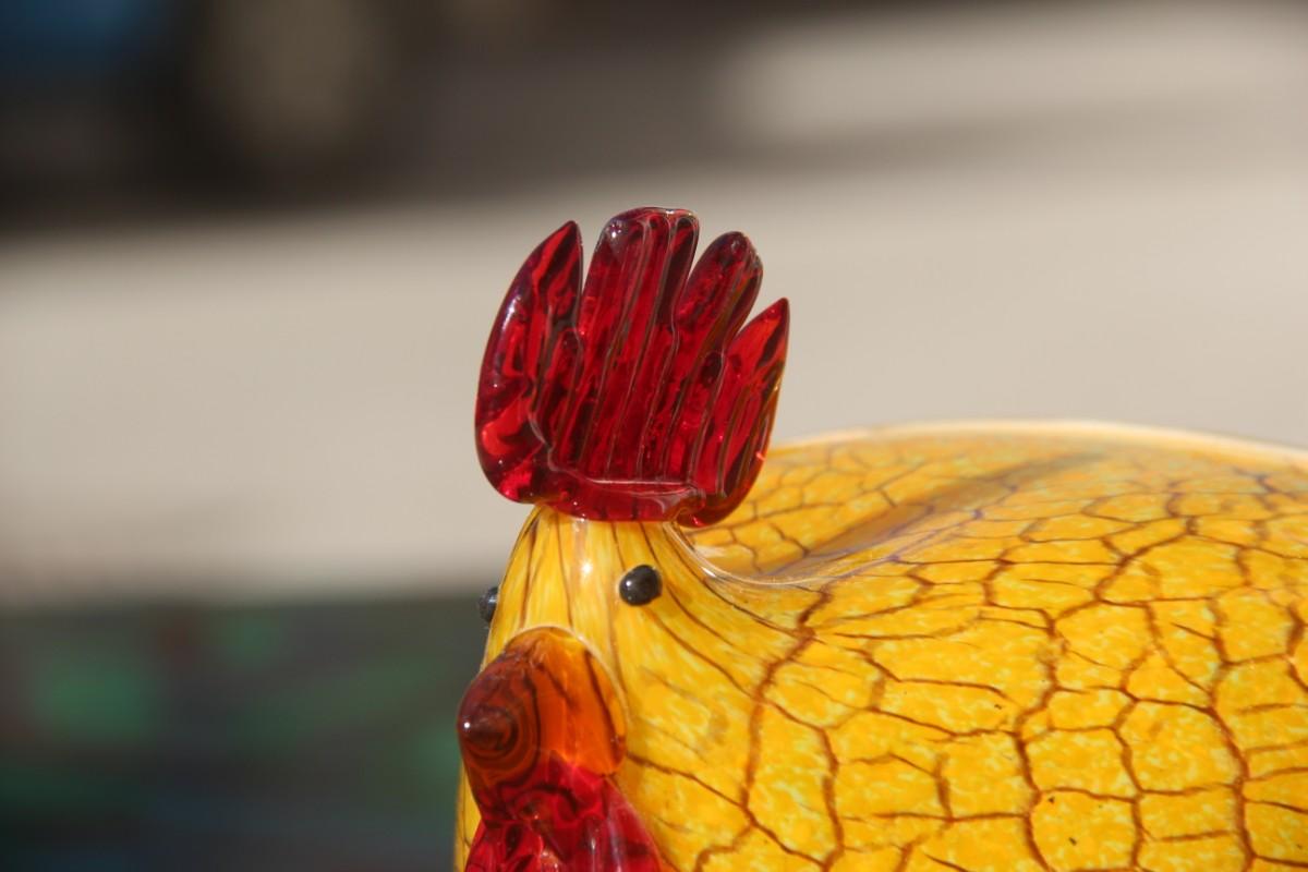 Murano Glass Hen 1970s Italia Design Yellow and Red Craquele Rooster 1