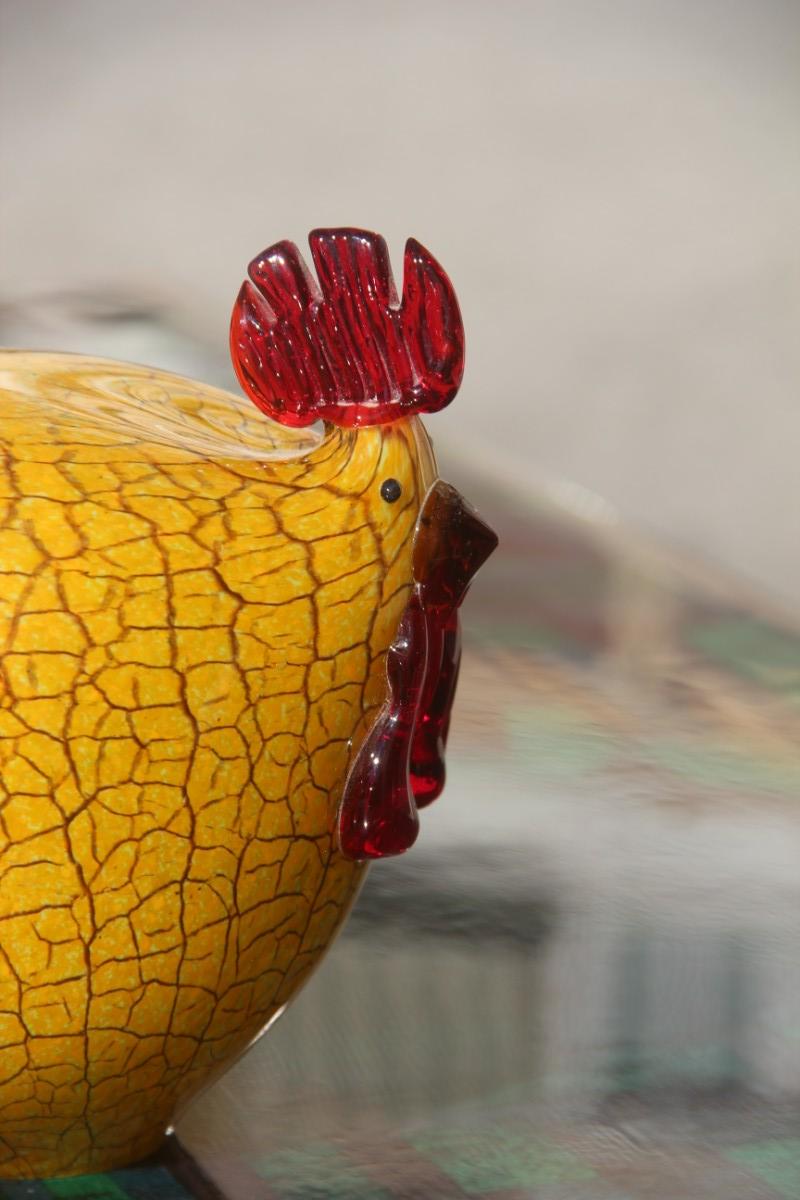 Murano glass hen 1970s Italia design yellow and red craquele rooster.