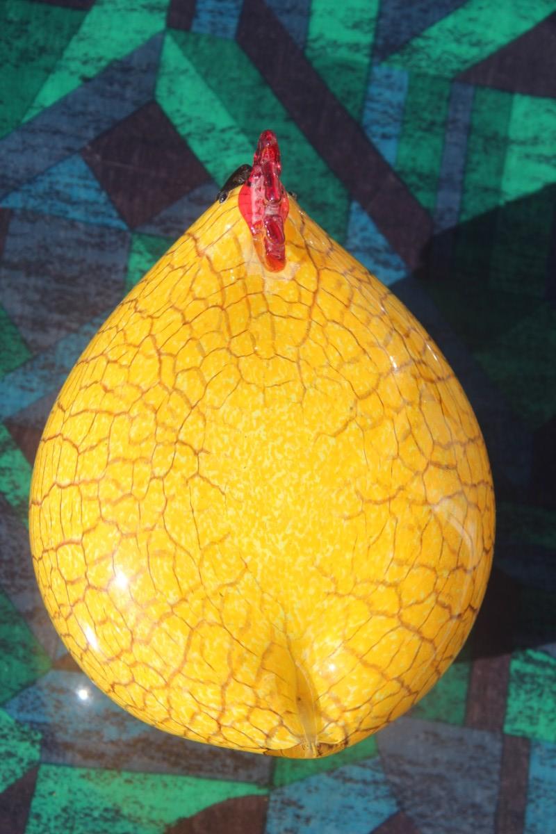 Mid-Century Modern Murano Glass Hen 1970s Italia Design Yellow and Red Craquele Rooster