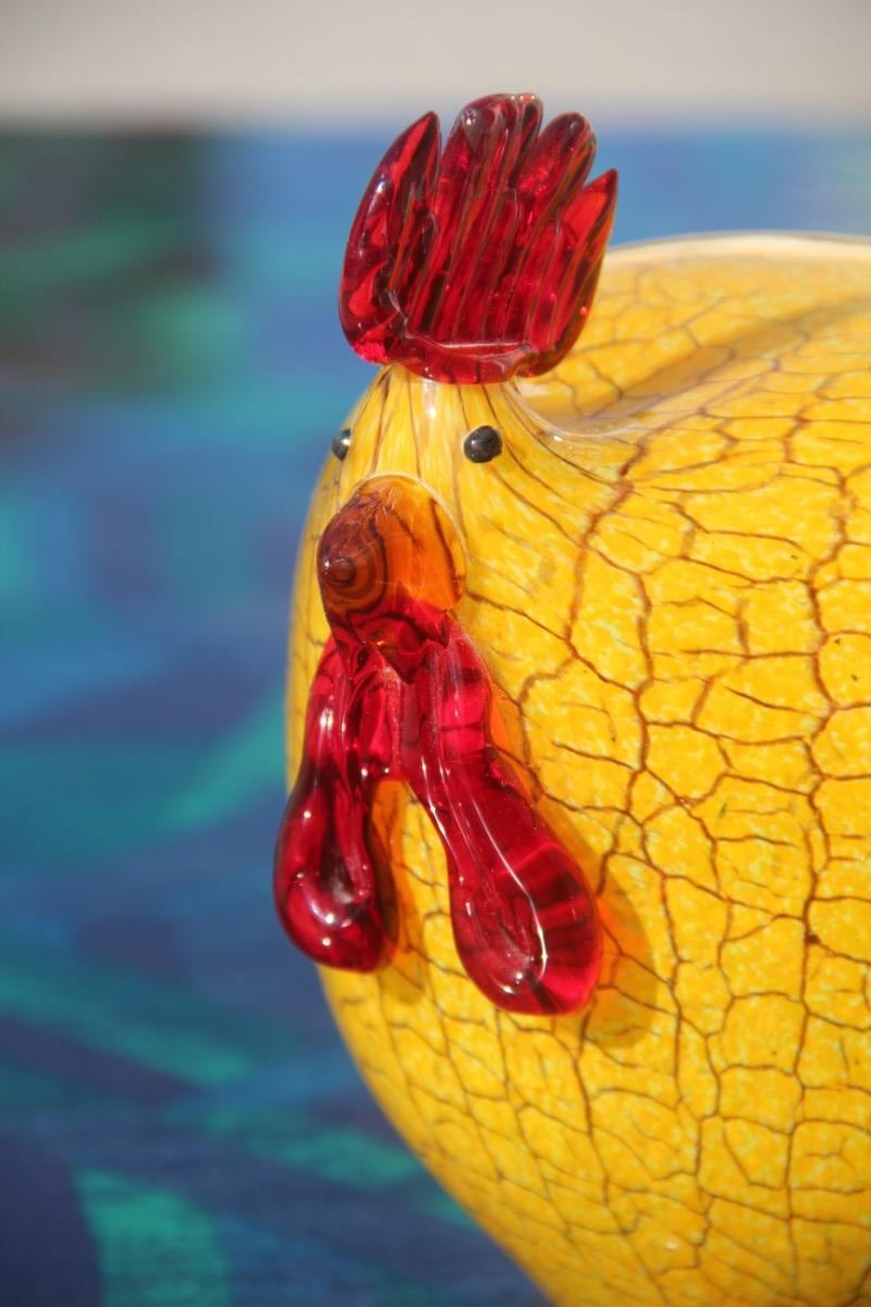 Late 20th Century Murano Glass Hen 1970s Italia Design Yellow and Red Craquele Rooster